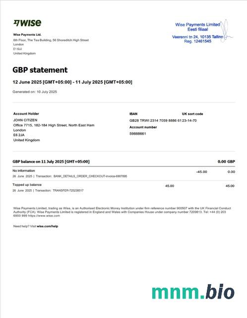 UK Wise wyciąg bankowy szablon Worda i PDF
